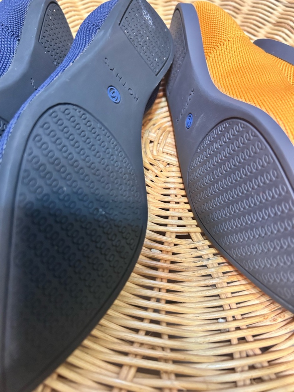Rothy's Pointed Knit Flats in Navy Blue and Mustard - Picture 2 of 5